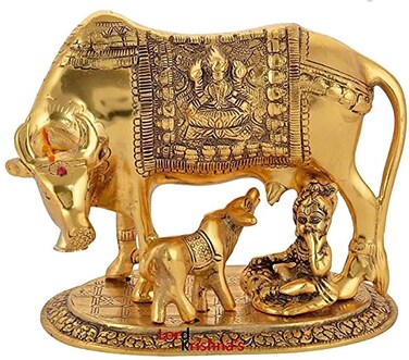 Whitewhale Large Gold Elegant Kamdhenu Cow and Calf Metal Statue Spiritual Showpiece