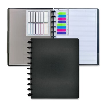 Discbound Notebook, Letter Size, Faux Leather Cover, 120 gsm Heavyweight Paper, Includes 40 Margin Sheets, 5 Tabs, Page Flags (Black)