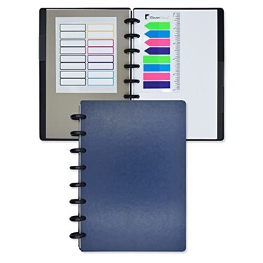 Discbound Notebook, Junior Size, Faux Leather Cover, 120 gsm Heavyweight Paper, Includes 50 Dot Grid Sheets, 5 Tabs, Page Flags (Navy Blue)