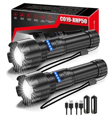 LED Tactical Flashlights Rechargeable,XHP50 High Lumens Super Bright Flashlight with Zoomable,5Modes,IPX6 Waterproof Powerful Handheld Flashlight for Outdoor Camping Emergency 2 Pack