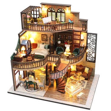 Spilay DIY Miniature Dollhouse Kit with Wooden Furniture,1:24 Scale Mini House with Dust Proof Cover &amp; Music Box &amp; Doll Figure,Creative Gift for Women Girl Friend Lover(M2132)