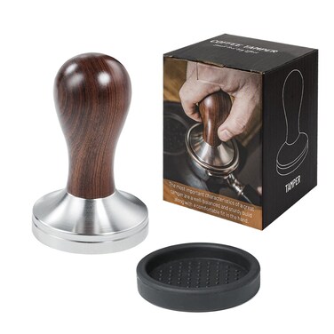 Coffee Tamper Espresso Press with Tamper Mat 304 Stainless Steel Flat Base Wooden Handle for Coffee Grounds Barista Espresso Machines Accessory (58MM)