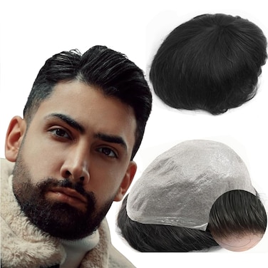 Toupee for Men Men 8x10 Straight Hair Pieces Mens Toupee Prosthesis Replacement System 100% European Real Human Hair Mens Hairpieces Hair System 0.04mm Soft Thin Skin PU V-loop #1B Off Black