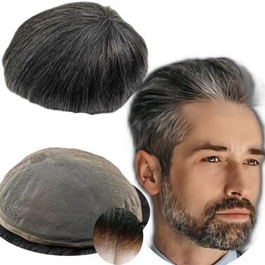 Toupee for Men - Real Human Hair Replacement System - Fine French Lace Hairpiece - Customizable Units - Natural-Looking Pieces - Prosthesis - #1B40 Black and Gray - 8x10