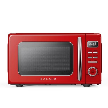 Galanz GLCMKZ09RDR09 Retro Countertop Microwave Oven with Auto Cook &amp; Reheat, Defrost, Quick Start Functions, Easy Clean with Glass Turntable, Pull Handle, 0.9 cu ft, Red