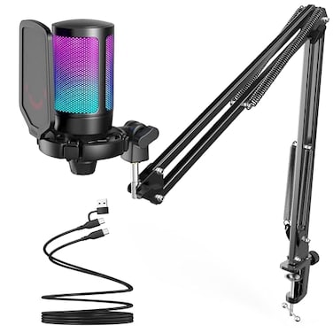FIFINE Gaming PC USB Microphone, Podcast Condenser Mic with Boom Arm, Pop Filter, Mute Button for Streaming, Twitch, Online Chat, RGB Computer Mic for PC Gamer Youtuber-AmpliGame A6T