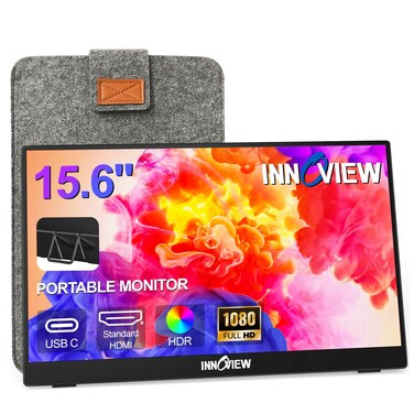 InnoView Portable Monitor 15.6" 1080P Portable Monitor for Laptop with Protective Sleeve Built-in 90&deg; Adjustable Stand USB C HDMI Ultra-Slim Portable Laptop Monitor for MacBook Phone PS Xbox Switch
