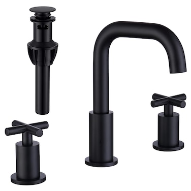 Black 8 Inches 3 Hole Bathroom Faucet, 2 Handle Widespread Bathroom Faucets Matte Black with Valve and Pop-Up Drain Assembly by ChiLDano, CH3163BK