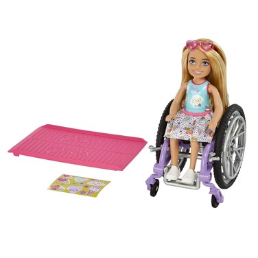 Barbie Chelsea Small Doll &amp; Wheelchair with Moving Wheels, Ramp, Sticker Sheet &amp; Accessories, Blonde Hair