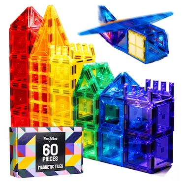 PLAYVIBE Magnetic Tiles 60 Pcs - 3D Magnet Toys for Kids 3+, Building Blocks for STEM Learning, Kids Games, Magnetic Blocks Tile Toy - Learning Toddler Toys, Home &amp; Classroom Must Haves, Boy and Girl