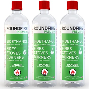 Roundfire Premium Ethanol Fuel - 3 x 1 Liter - for Tabletop Fireplaces, Fire Pits and Gel Fuel