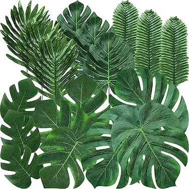 96 Pcs Artificial Tropical Jungle Leaves Party Decor Palm Leaves Monstera Leaves Safari Leaves Luau Party Decorations