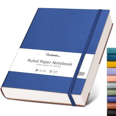 HIUKOOKA College Ruled/Lined Notebook- 320 Pages A4 Softcover Large Journal, 8.5''&times;11'', 100GSM Thick Paper, Faux Leather, Inner Pocket - Blue