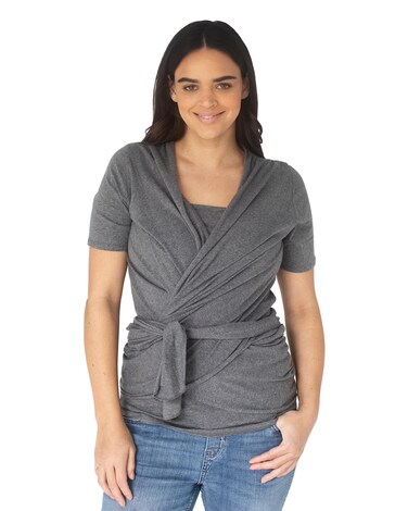 Kindred Bravely Short Sleeve Skin to Skin Nursing Wrap Top, Kangaroo Shirt for Mom and Baby, Organic Cotton (Grey Heather, Large)