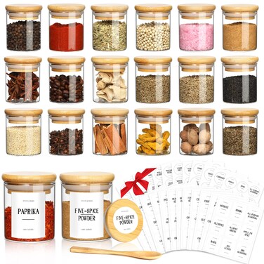 GMISUN Spice Jars with Bamboo Lids, 20 Pack 2.5oz Glass Spice Containers with Labels, Small Empty Round Spice Bottles with Airtight Lids, Mini Clear Minimalist Food Jars &amp; Canisters for Kitchen
