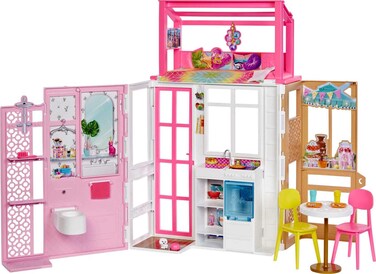 Barbie Doll House with Furniture &amp; Accessories Including Pet Puppy, 4 Play Areas (Kitchen, Loft Bed, Bathroom &amp; Dining Room)