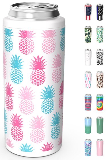 TILUCK Skinny Can Cooler for Slim Beer &amp; Hard Seltzer, Stainless Steel, Doucle-Walled Stainless Steel Insulated Slim Cans, Standard 12 oz (Pineapple 01)