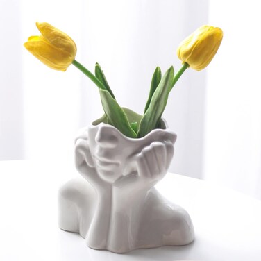 Face Vase,Cute Flower Vase for Desk Table Bookshelf Modern Farmhouse Decor,Ceramic Half Body Female Form Head Ideal Shelf Decor 5.5'' L X 4.8'' H