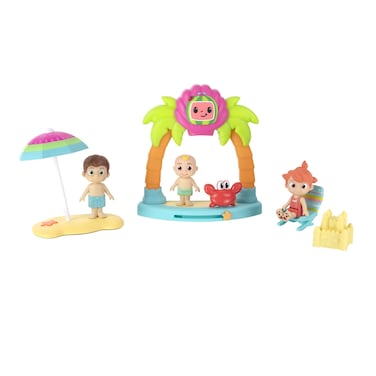 Cocomelon Family Beach Time Fun Playset - Features JJ, Tomtom &amp; YoYo with Sandcastle, Umbrella, Beach Chair, Towel, Beach Playset