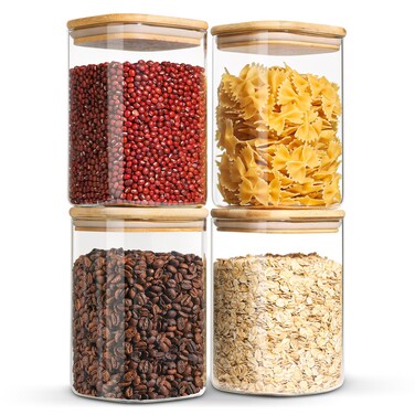 ComSaf Glass Storage Containers with Lids, 37fl.oz Glass Jars with Lids, Clear Food Storage Jar, Glass Canister for Pantry Cookie Flour Cereal Rice Sugar Tea Coffee Beans Spice, Square Set of 4