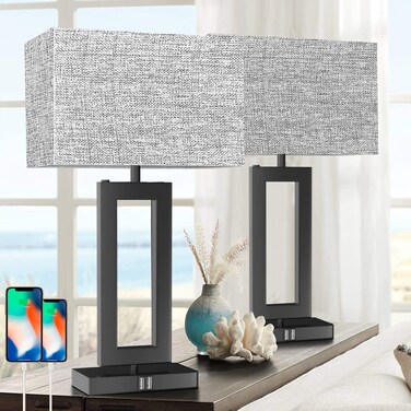 22&rsquo;&rsquo; Tall Set of 2 Touch Control Table Lamp w. 2 USB Ports, 3-Way Dimmable Modern Bedroom Bedside Touch Lamps w. Fabric Gray Shade for Living Room End Table Nightstand Reading