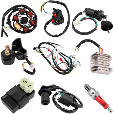 Complete Wiring Harness kit for ATV Quad 4 Stroke 50cc 70cc 90cc 110cc 125cc Pit Quad Dirt Bike Go Kart Quad Wire Harness Complete Electrics Stator Coil CDI Solenoid Relay Spark Plug, Lead