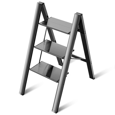 3 Step Ladder Aluminum Lightweight Folding Step Stool Wide Anti-Slip Pedal 330 Lbs Capacity Household Office Portable Stepladder,Black