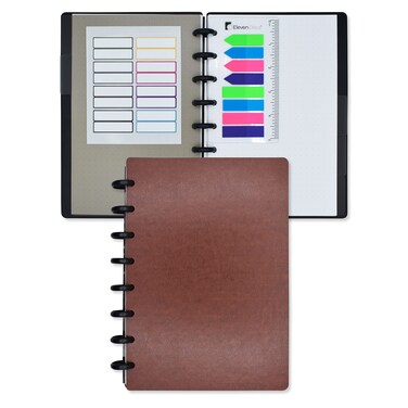 Discbound Notebook, Junior Size, Faux Leather Cover, 120 gsm Heavyweight Paper, Includes 50 Dot Grid Sheets, 5 Tabs, Page Flags (Brown)