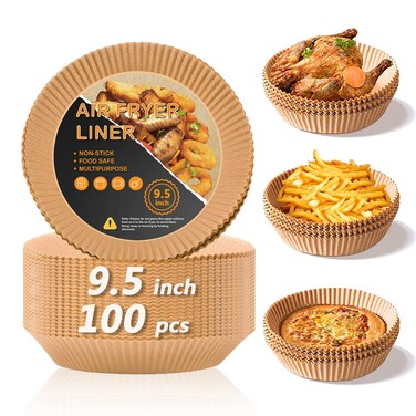 Air Fryer Disposable Paper Liner, 9.5 Inch Large Air Fryer Paper Liner 100 PCS, Non-stick Parchment Paper Pads Oil Resistant, Waterproof, Food Grade Baking Paper for Roasting Microwave
