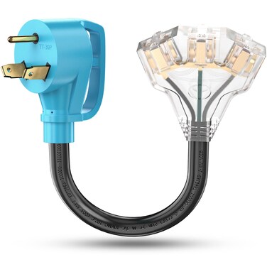 CircleCord 30 Amp to 110V RV/Generator Distribution Adapter Cord, NEMA TT-30P Male to 3X 5-15R/5-20R T-Blade Household Outlet Female with LED Power Indicator 3750W