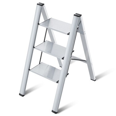 3 Step Ladder Aluminum Lightweight Folding Step Stool Wide Anti-Slip Pedal 330 Lbs Capacity Household Office Portable Stepladder,Silver