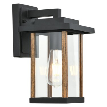 Outdoor Wall Sconce, Outside Porch Light Fixtures, Wall Mount Anti-Rust Exterior Wall Lights in Wood Grain Finish &amp; Black Finish with Clear Glass for Garage Doorway Entryway