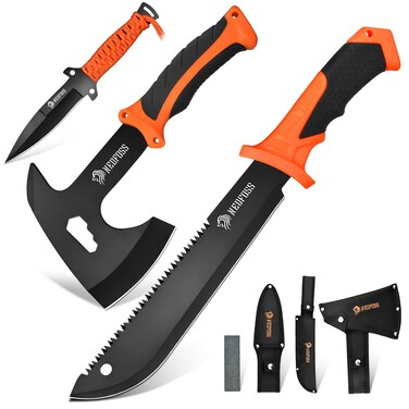 NedFoss 15" Machete, 10" Hatchets for Camping and Survival, Fixed Blade Hunting Knife with Sheath, Camping Hatchet with Shock Reduction Handle, Camping Axe Yard Work Tools Pack of 3