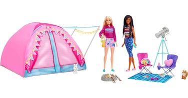 Barbie Dolls &amp; 20 Accessories, It Takes Two Camping Tent Playset with Brooklyn &amp; Malibu, Plus 2 Moving Animals