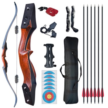 60'' Wooden Bow and Arrow Set Archery Recurve Bow for Adults with 6pcs Carbon Arrows Right Hand Takedown Bow for Hunting Shooting Practice 30-50 lbs