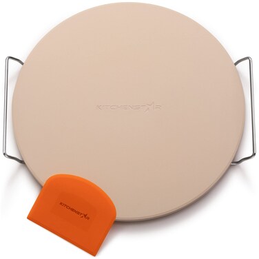 14" Pizza Stone for Oven &amp; Grill with Handles - Natural Cordierite Baking Stone Set with SS Rack &amp; Plastic Scraper (1500 &deg;F Resistant, Round, Medium)