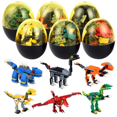 ThinkMax 6 Pcs Dinosaur Building Blocks Toys Filled Easter Eggs for Easter Basket Stuffers, Easter Egg Hunt, Easter Party Favors, Mini Animal Toys for Kids Boys