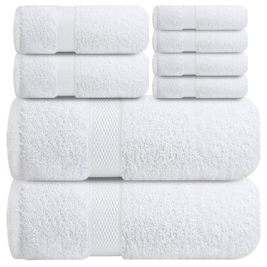 Infinitee Xclusives Luxury 100% Cotton Towel Set &ndash; 8 Piece Bathroom Towel Set (2 Bath Towels, 2 Hand Towels, 4 Washcloths) &ndash; Soft &amp; Absorbent Towels for Bathroom (Brilliant White)