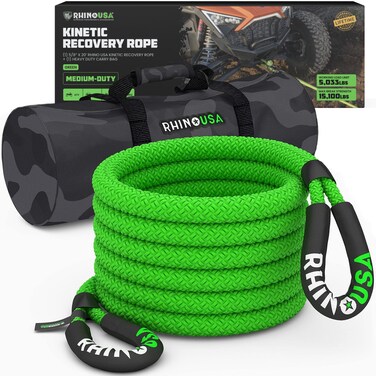 Rhino USA Kinetic Recovery Tow Rope Heavy Duty Offroad Snatch Strap for UTV, ATV, Truck, Car, Tractor - Ultimate Elastic Straps Towing Gear - Backed for Life! (Green, 5/8" x 20')