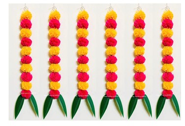 SPHINX Artificial Marigold Fluffy Flowers and Mango Leaves Short Garlands/latkans/Strings for Decoration (Approx. 2 ft., 2 Leaves) 6 Pieces - (Light Orange &amp; Red)
