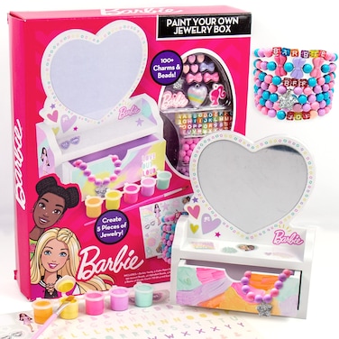 Barbie Paint Your Own Jewelry Box, Customize A Heart-Shaped Vanity &amp; Jewelry Box with Acrylic Paints, Create 5 Pieces of Jewelry, 100+ Charms &amp; Beads, Bead Kit for Kids Ages 5, 6, 7, 8