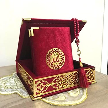 VOGUEHOMEDECOR Velvet Covered Quran and Pearl Tasbih in Wooden Decorative Box   Islamic Gift Set   Muslim Eid Ramadan Gift (Claret Red)