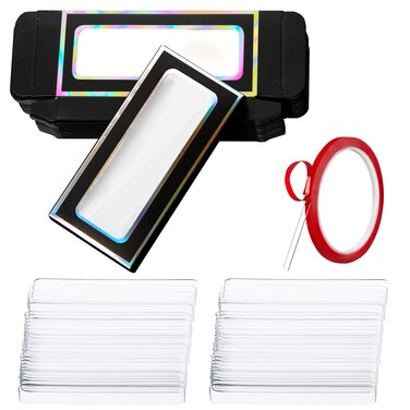 Crtiin 60 Pcs Empty Press on Nails Packaging Box Set 30 Clear Glitter Paper Eyelash Storage Box and 30 Acrylic Nail Display Stand Holder with 1 Red Double Sided Tapes for Salon Home Office