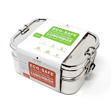 Stainless Steel Lunch Box, Leak Proof, 2 Tier Rectangle with Bonus Pod &amp; 3 Sections   Bonus Silicone Band to Convert to 3 Section Lunch Box for Portability