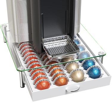 DecoBrothers Crystal Tempered Glass Vertuo Pod Holder Drawer, 24 Large or 48 Small Nespresso Capsule Organizer, White