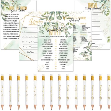 220 Pieces Bridal Shower Game Set 5 Sets (40 Cards Each) Wedding Game Cards and 20 Pieces Pencils Printed Words Editable Bride Groom Wedding Bachelorette Engagement Party Supplies (Green Leaves)