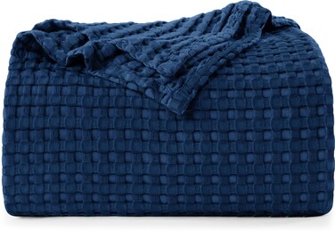 Utopia Bedding Navy 100% Cotton Waffle Blanket 300 GSM [Queen - 90x90 Inch] Soft Lightweight Breathable Bed Blanket for All Season