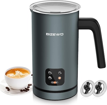 BIZEWO Milk Frother Electric, Coffee Frother, Warm and Cold Milk Foamer, 4 IN 1 Automatic Milk Warmer Stainless Steel with Touch Screen, Frother for Coffee, Latte, Hot Chocolate