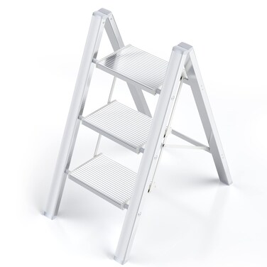 3 Step Ladder Folding Step Stool, Aluminum Ladder Foldable with Anti-Slip Sturdy and Wide Pedal, Portable Step Stools for Adults, Lightweight Multi-Use for Home Kitchen Closet Pantry, 330 lbs, White