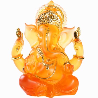H&amp;W 5.6''H Blessing A Orange Resin Statue of Lord Ganesha Ganpati Elephant Hindu God, Elephant God Statue, Lmitation Glass Sculpture Buddha Figurine Decoration